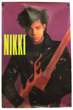 A vintage-style Nikki Lee poster featuring a photo of her holding a flame-shaped orange electric guitar against a magenta background, with the name 'NIKKI' in bold yellow letters.