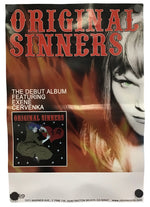 A vintage-style music poster or print for the album 'Original Sinners' featuring large red title text, a partial portrait of a woman, flame-like graphics, and a small inset album cover. The poster is photographed against a plain white background.