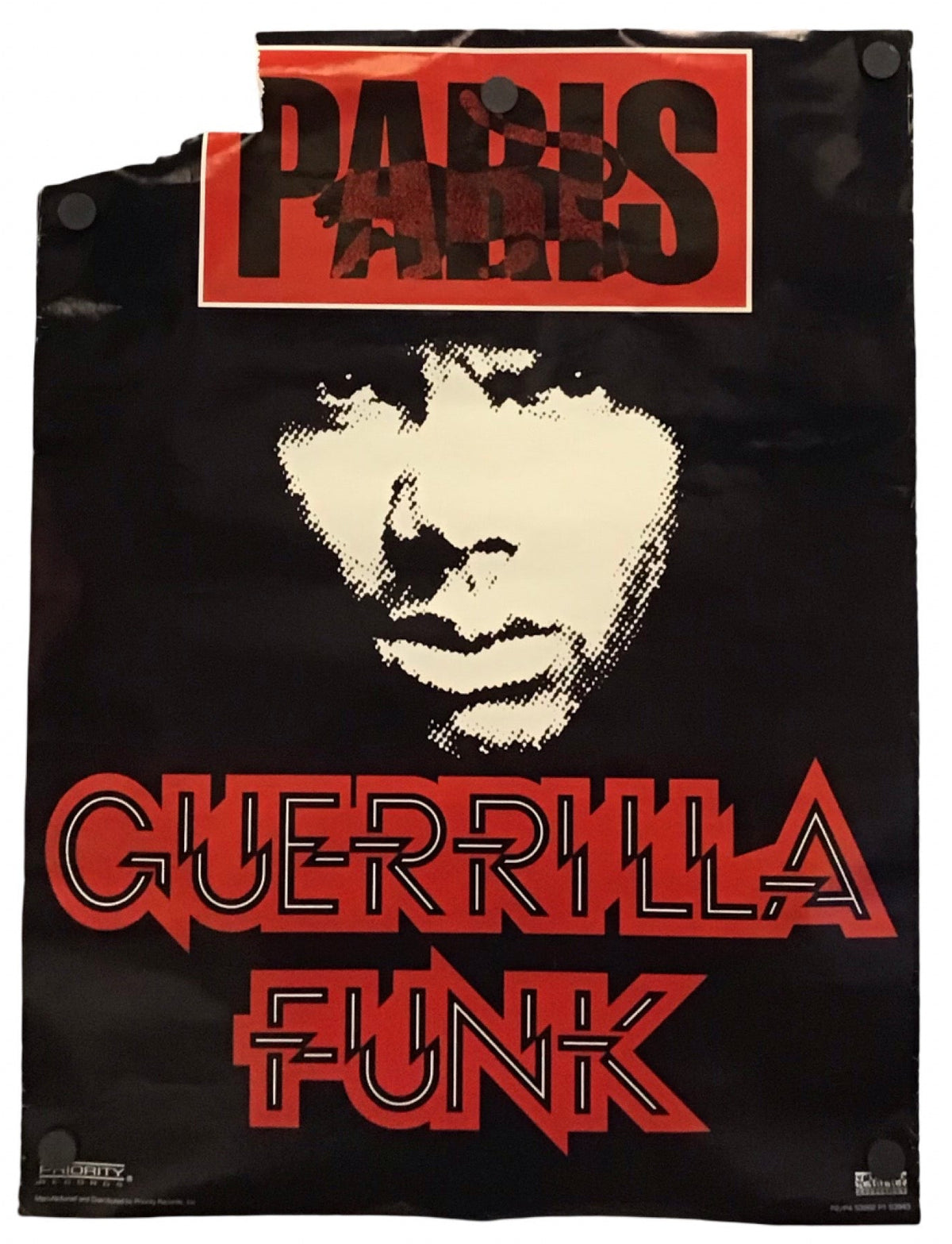 A vintage-style poster or print featuring a black background with a cream face graphic, red 'PARIS' text at the top, and large red 'GUERRILLA FUNK' text at the bottom.