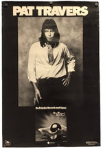A vintage Pat Travers album poster or print featuring a black-and-white portrait of the artist, large 'PAT TRAVERS' text at the top, and a small album cover inset near the bottom, shown against a light background.