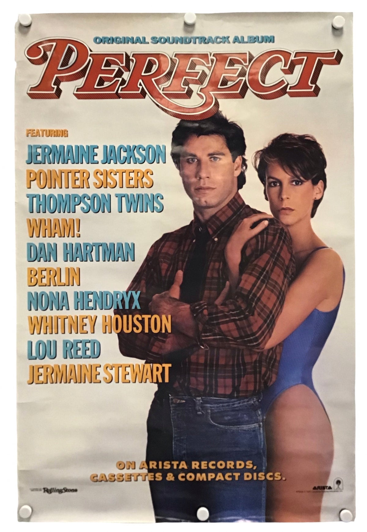 A vintage music poster for the soundtrack album 'Perfect' featuring a man and a woman, with artist names listed on the left side. The poster is displayed flat against a white background with visible mounting holes in the corners.