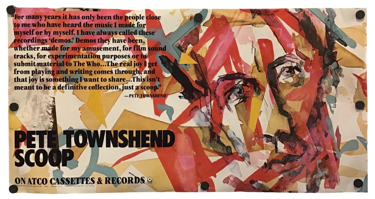 A rectangular printed sign or poster featuring an abstract painted face in red, beige, black, and white brushstrokes, with a quote on the left and the text 'Pete TOWNSHEND SCOOP' and 'ON ATCO CASSETTES & RECORDS' at the bottom. The object is photographed against a plain white background with a soft shadow.