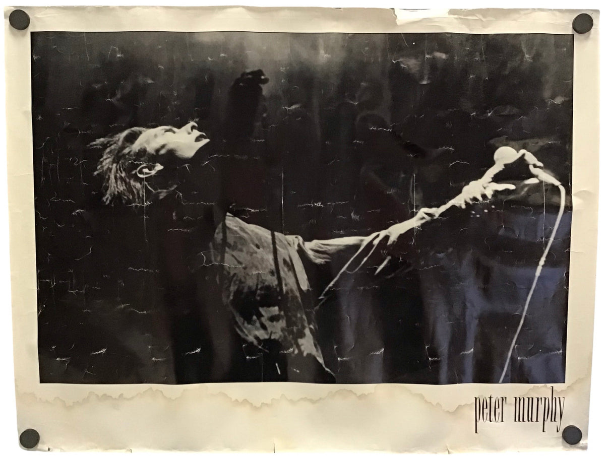 A black and white art print of Peter Murphy performing on stage, mounted on a cream-colored paper border with metal binder clips at the corners.