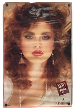 A rectangular wall poster featuring a vintage-style portrait of a woman with voluminous curly brown hair, dramatic eye makeup, and red lipstick. The poster has a glossy finish with visible reflections and a small 'NEW! 50% OFF' sticker in the lower right corner.