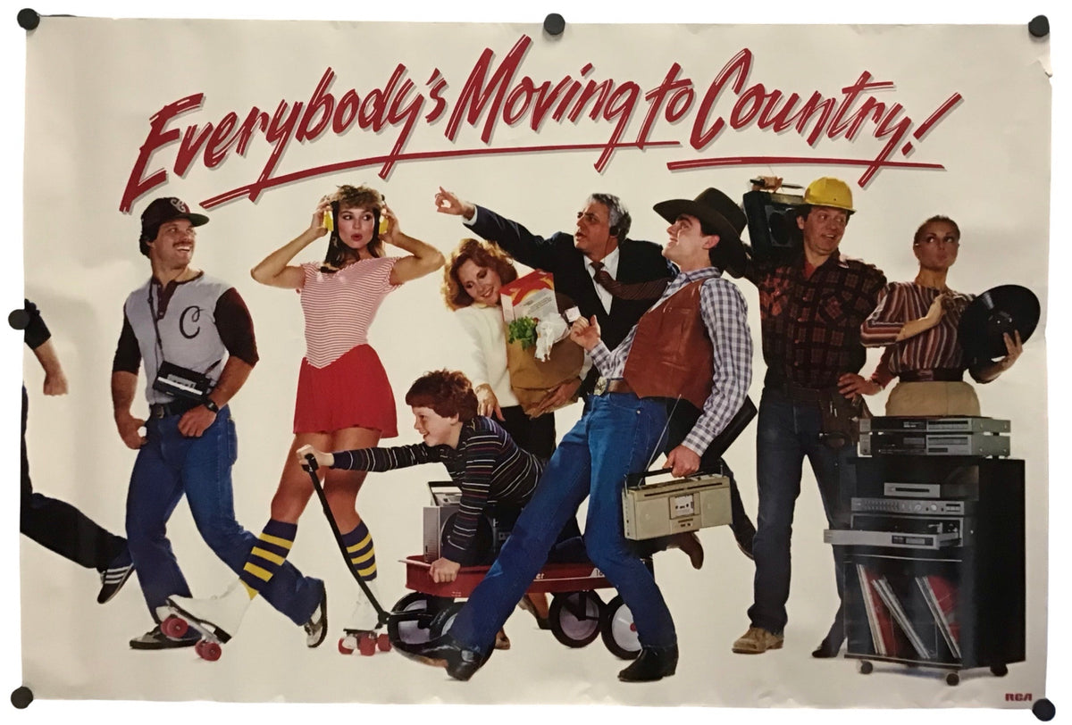 Vintage-style poster print with the text 'Everybody's Moving to Country!' and a group of illustrated people in casual country-themed clothing, shown hanging against a white background.