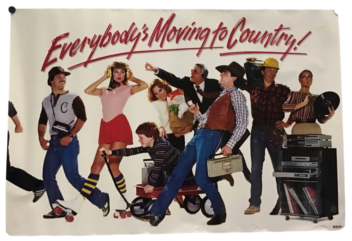 A vintage-style poster or print featuring the text 'Everybody's Moving to Country!' above a group of illustrated people carrying suitcases and musical instruments, shown against a plain white background.
