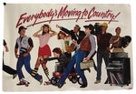 A vintage-style poster or print featuring the text 'Everybody's Moving to Country!' above a group of illustrated people carrying suitcases and musical instruments, shown against a plain white background.