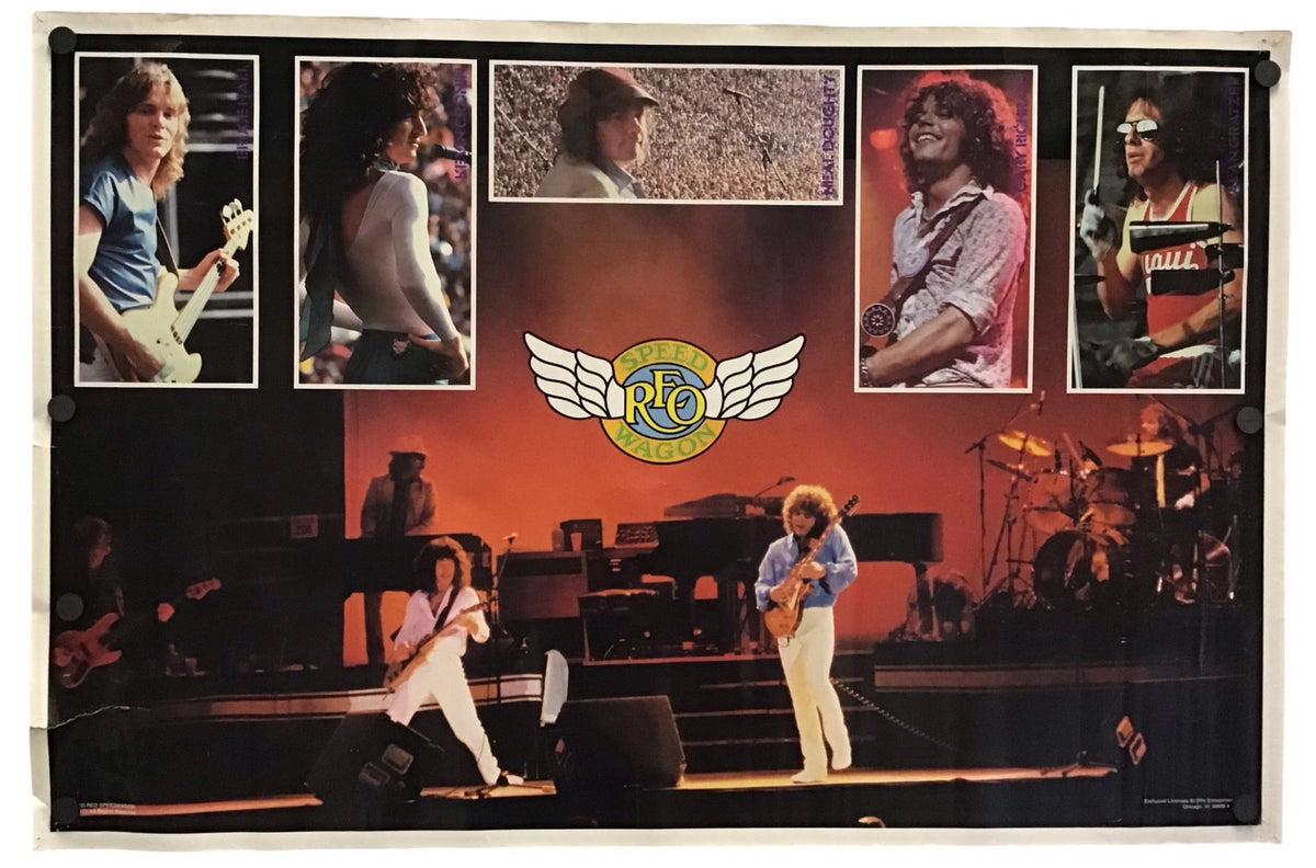 A vintage concert poster featuring a large stage scene with multiple band members performing, surrounded by five inset photos of the same musicians, and a central winged 'REO' logo. The poster is photographed against a plain white background.