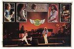 A vintage concert poster featuring a large stage scene with multiple band members performing, surrounded by five inset photos of the same musicians, and a central winged 'REO' logo. The poster is photographed against a plain white background.