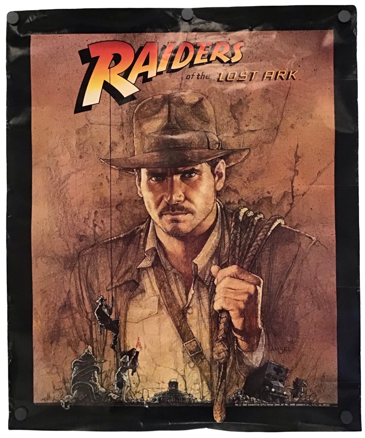 A Raiders of the Lost Ark poster featuring a stylized illustration of Indiana Jones, with the movie title at the top and a black border around the print.