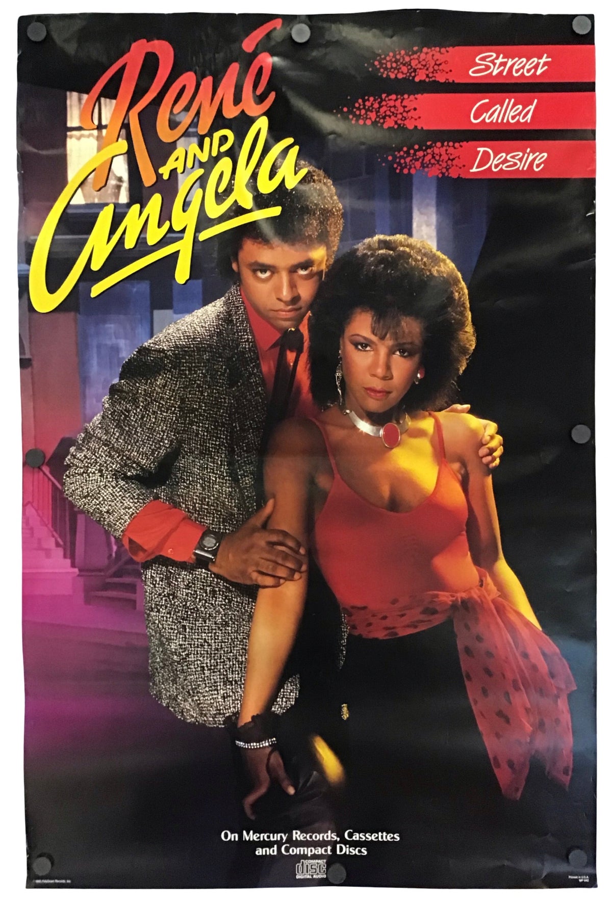 A vintage poster for 'René and Angela' featuring a man in a textured gray suit and a woman in a red dress, with bold title text and red banners reading 'Street Called Desire'.