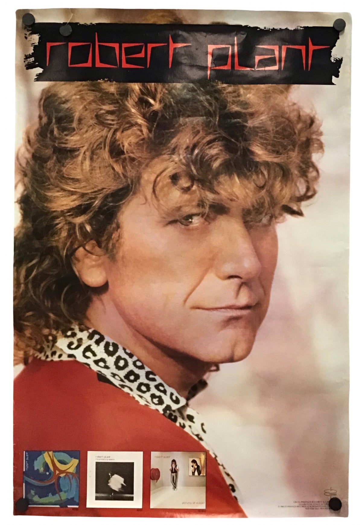 A vintage-style poster featuring a portrait of Robert Plant with the text 'robert plant' across the top and three small album-cover thumbnails along the bottom, shown against a plain white background.