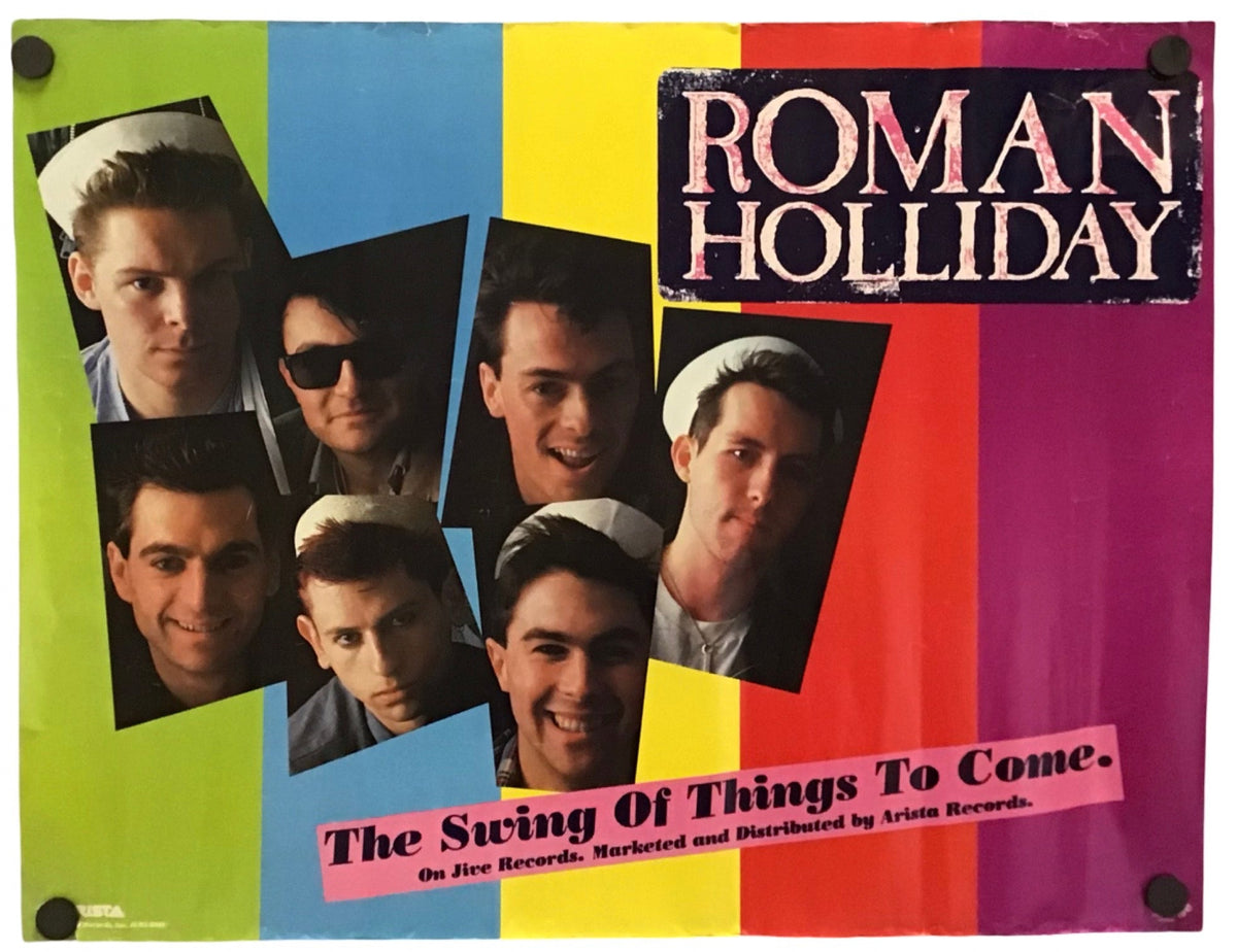 A vintage-style poster or print featuring multiple portrait photos of Roman Holliday over vertical rainbow-colored stripes, with the text 'ROMAN HOLLIDAY' and 'The Swing Of Things To Come.' on a white background.