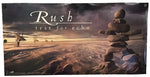 A rectangular printed banner or flag with the words 'Rush test for echo' over a dramatic desert landscape scene, shown hanging against a plain white background.