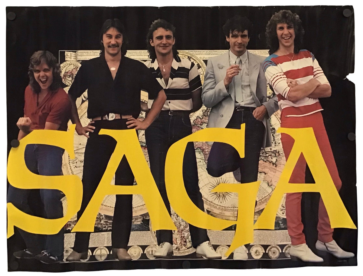 A vintage-style poster or print featuring five men standing behind a large yellow 'SAGA' text on a black background. The print is photographed against a plain white backdrop.