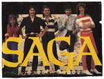 A vintage-style poster or print featuring five men standing behind a large yellow 'SAGA' text on a black background. The print is photographed against a plain white backdrop.