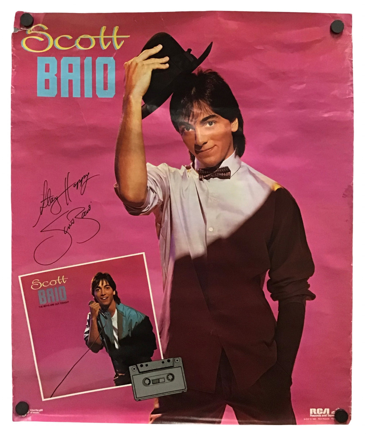 An autographed Scott Baio concert poster on a pink background, featuring a photo of Scott Baio tipping his hat, a small inset photo, a cassette graphic, and his signature.