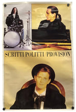 A vintage-style poster or print featuring three portrait panels of Luciano Pavarotti, with the text 'SCRITTI POLITTI PROVISION' across the center, shown hanging against a plain light background.