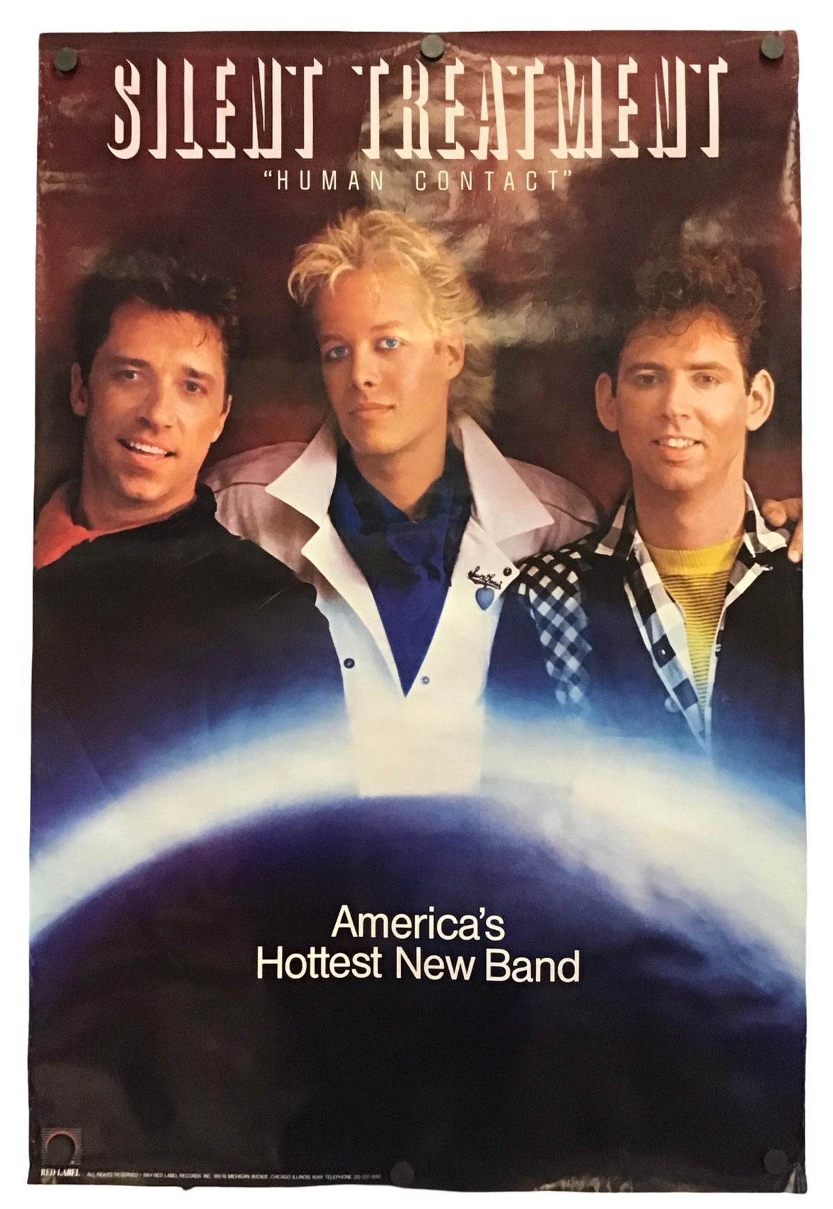 A vintage band poster for 'Silent Treatment - Human Contact' featuring three men from the band at the top and a blue planet graphic at the bottom with the text 'America's Hottest New Band'.