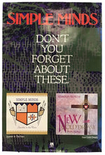 A vintage Simple Minds music poster featuring the text 'DON'T YOU FORGET ABOUT THESE.' in white over a dark purple and green patterned background, with red 'SIMPLE MINDS' lettering at the top.
