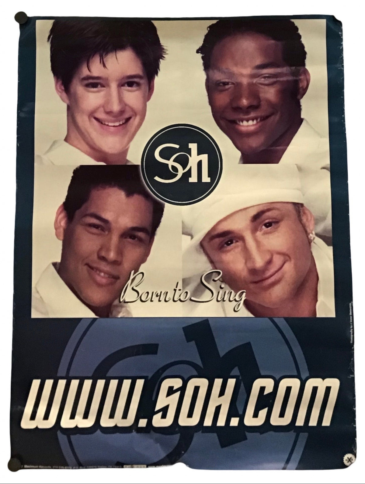 A vintage SOH Sons of Harmony banner or flag featuring photos of four boys, a circular 'sh' logo, the words Born to Sing and the website 'www.soh.