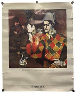 A vintage art poster print of Picasso's Au Lapin Agile displayed on a beige mounting board with black binder clips at the corners. The poster features a wide beige border with the brand name 'SOTHEBY'S' printed at the bottom.