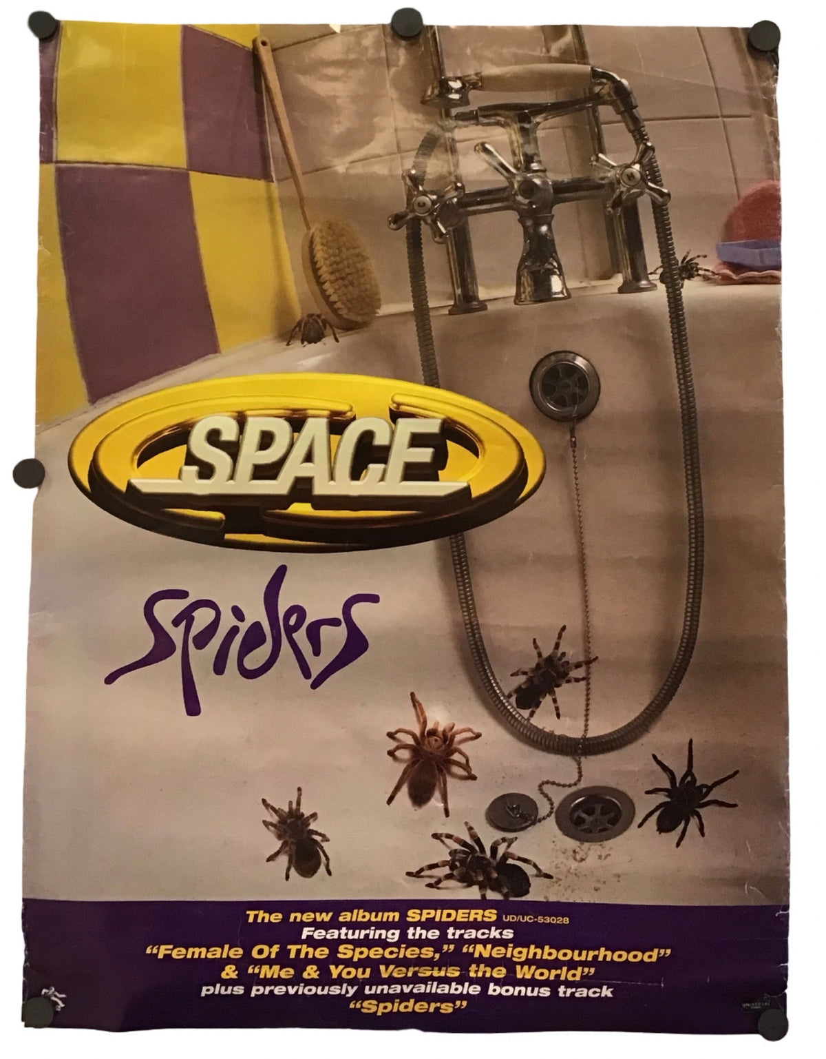 A vintage-style album poster for the band Space, featuring a bathtub scene with shower fixtures, several spiders, and a purple-and-yellow checkered flag. The band name 'SPACE' appears prominently in a yellow oval, with 'Spiders' written below in purple.
