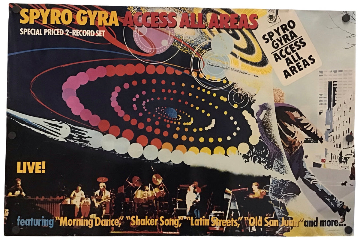 A vintage concert poster for the band Spyro Gyra's 'Access All Areas' 2nd Reckord Set, featuring a colorful spiral graphic, a live band performance, and song titles at the bottom, displayed against a plain white background.