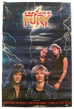 A vintage-style band poster for Stone Fury, featuring the band members against a dark stormy background with lightning. The text 'STONE FURY' appears prominently at the top in red and orange lettering, with additional text along the bottom edge.