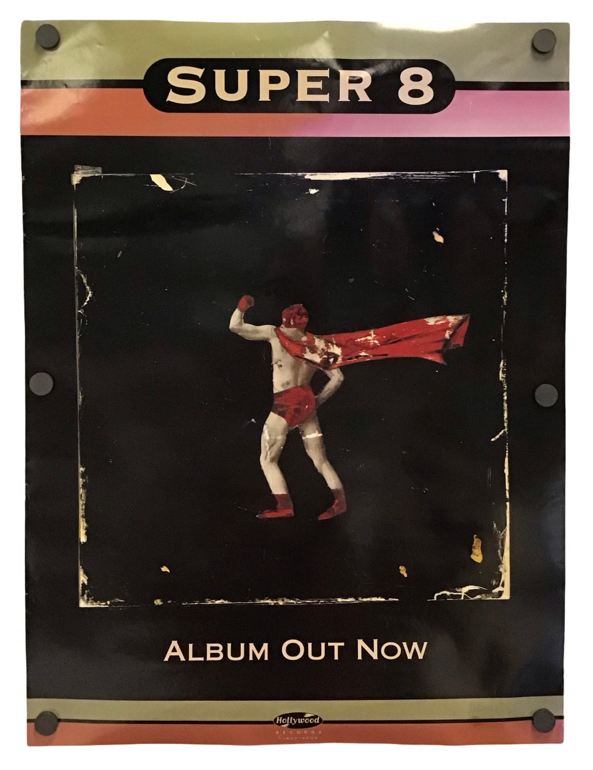 A retro-style metal band poster for Super 8, featuring a dark black background with a central illustration of a figure in red and white holding a red flag. The top displays 'SUPER 8' in bold white letters, and the bottom reads 'ALBUM OUT NOW'.