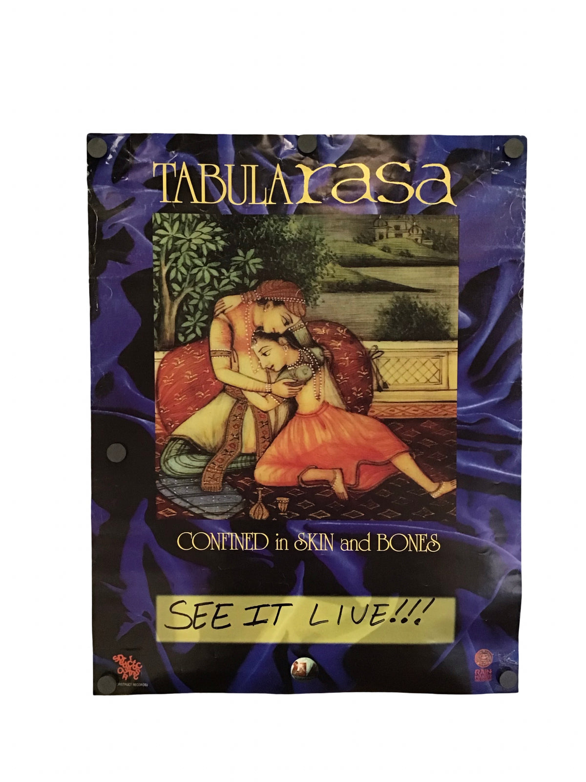A vintage-style printed poster or booklet cover for 'Tabula Rasa' with a central illustration of two figures embracing in an ornate interior scene. The design has a dark purple and blue satin-like border, gold title text at the top, and a gold banner near the bottom reading 'See It Live!!!'.
