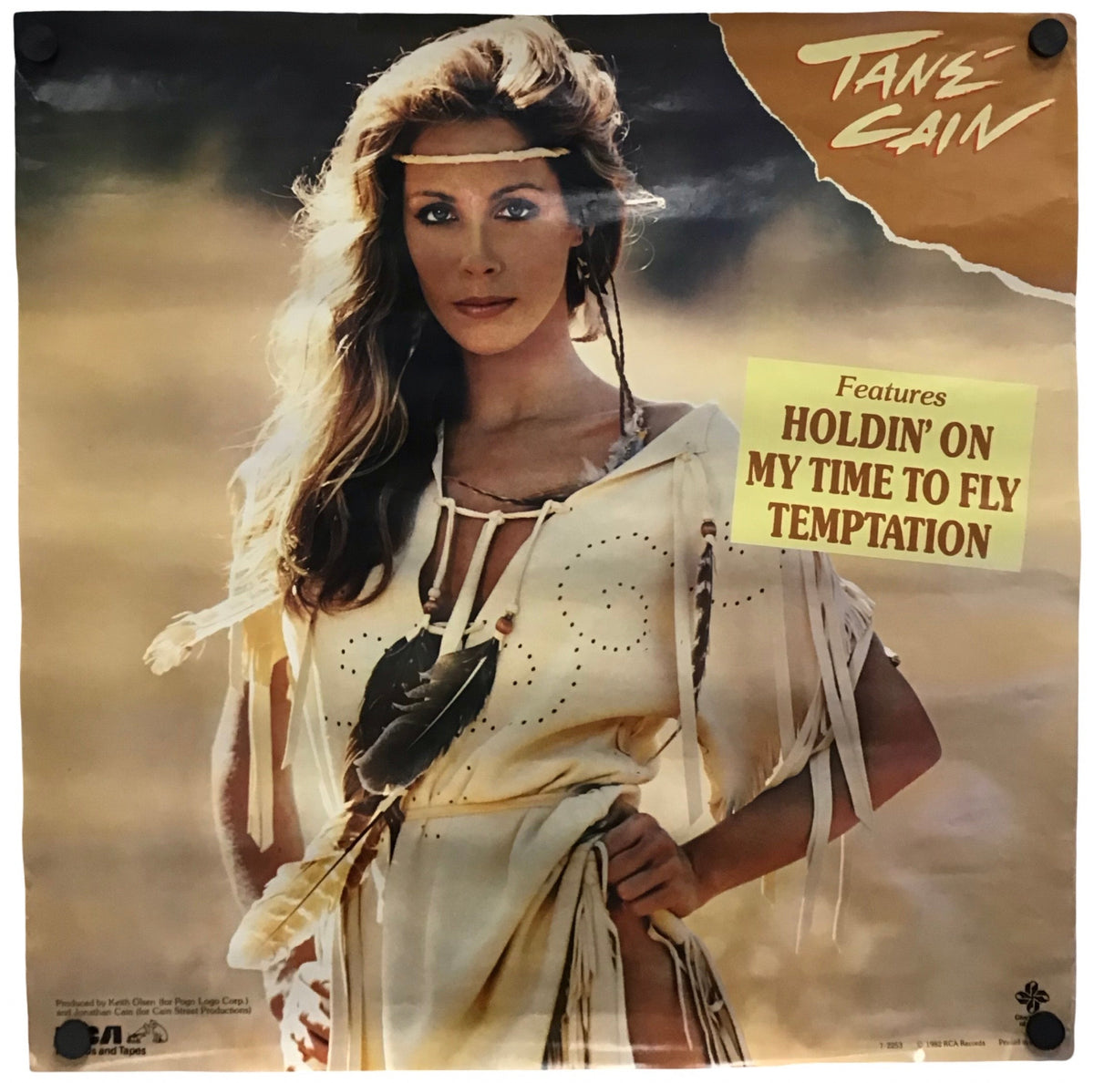 A vintage Tane Cain poster or print featuring a woman in a Native American-style dress against a desert-like background, with torn-paper style graphics and text including 'Tinsley Cain' and 'Features Holdin on My Time to Fly Temptation.'.