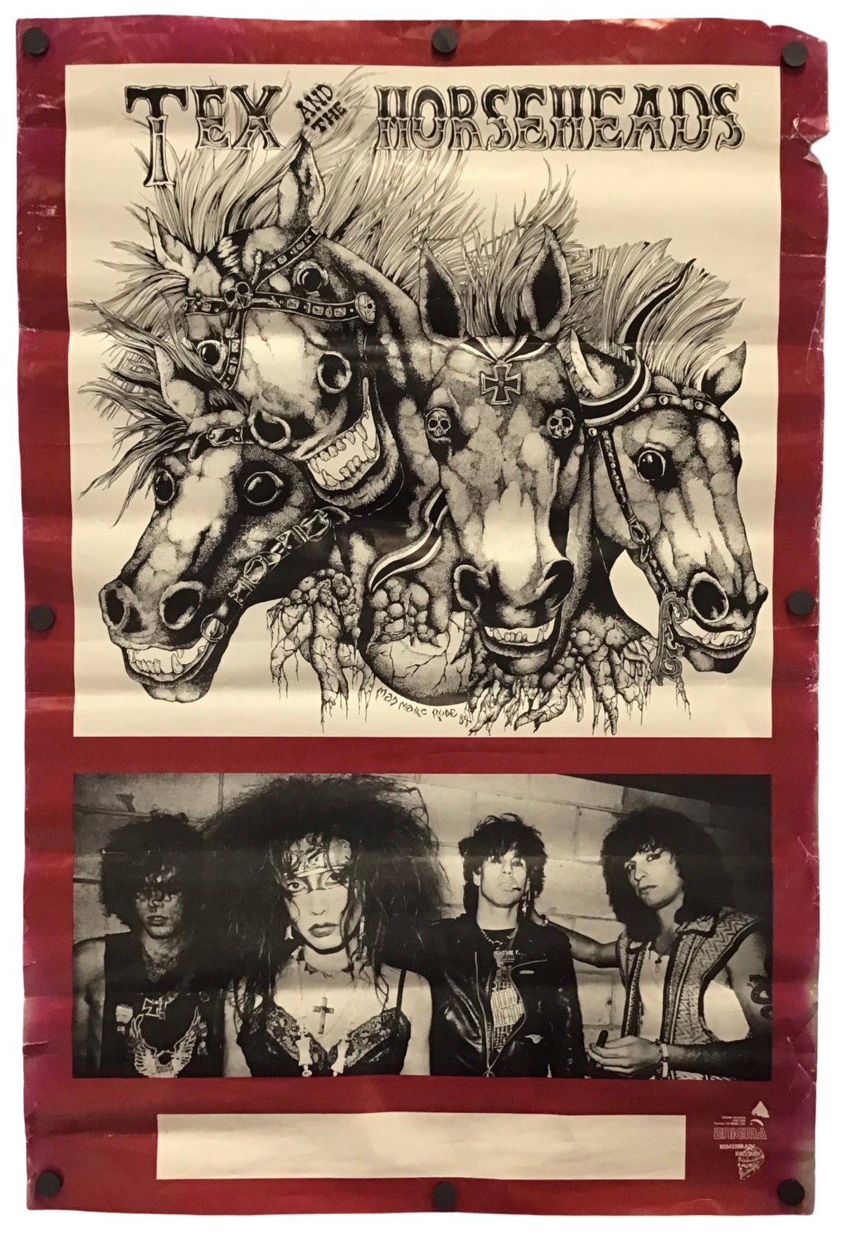 A vintage-style band poster for 'Tex & Horseheads' featuring black ink illustrations of three horses and a black-and-white band photo, mounted on a red background.