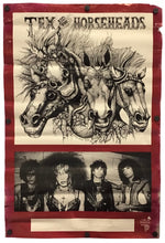A vintage-style band poster for 'Tex & Horseheads' featuring black ink illustrations of three horses and a black-and-white band photo, mounted on a red background.