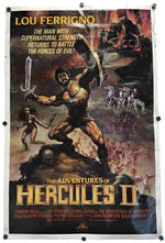 Vintage movie poster for 'The Adventures of Hercules II' featuring Lou Ferrigno as Hercules, shown hanging against a white wall with visible wall hooks around the edges.