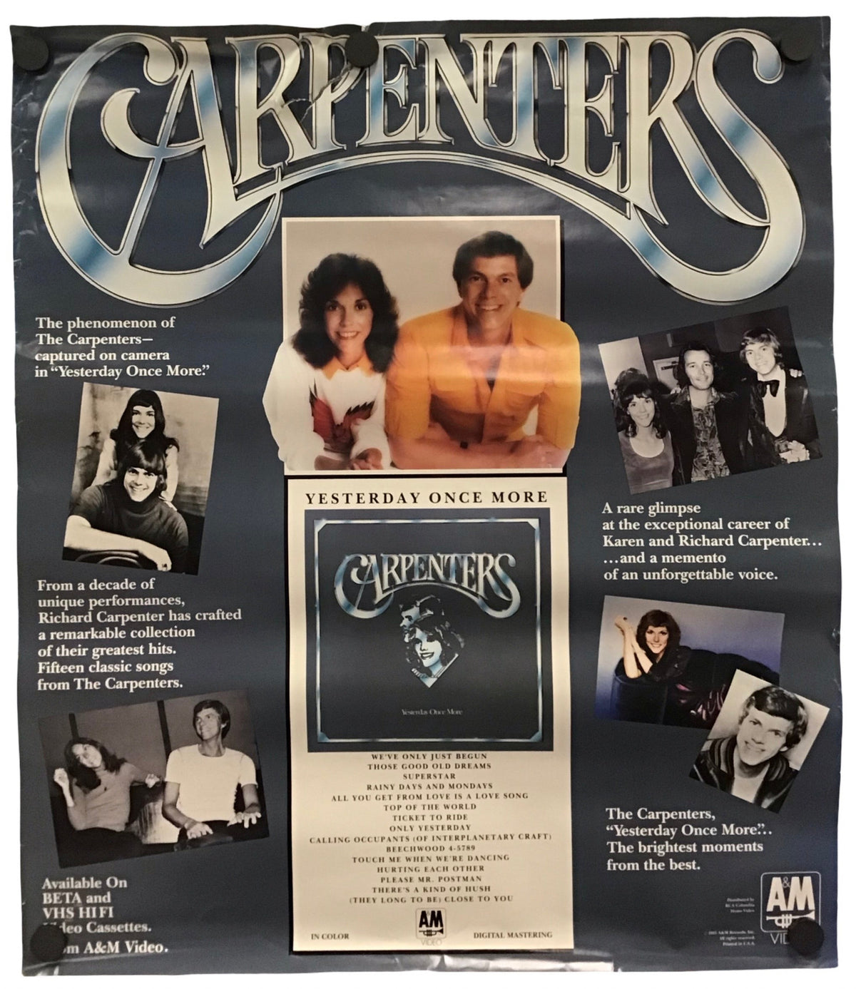 A vintage Carpenters 'Yesterday Once More' promotional poster or display card mounted on a black backing board, photographed against a white background.