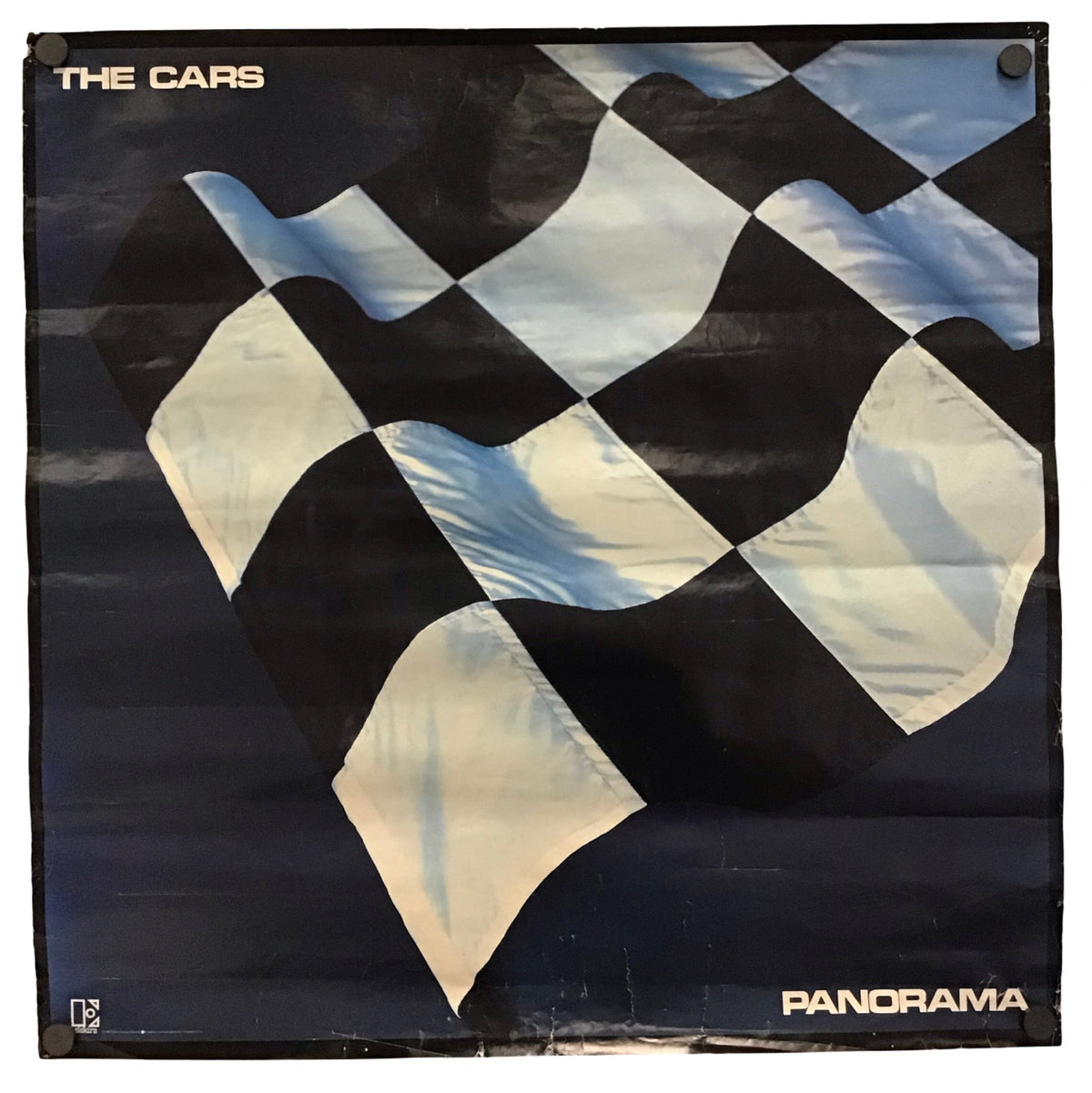 Vintage 'The Cars' album cover poster featuring a stylized black and white checkered flag design with the text 'THE CARS' and 'PANDRAMA' on a white background.