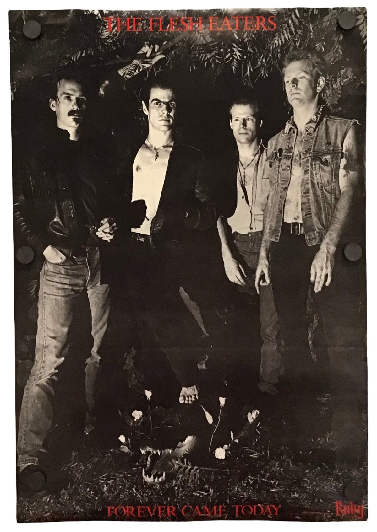 A vintage band poster for 'The Flesh Lovers' featuring a black and white photograph of four men standing outdoors, with red text at the top and bottom reading 'THE FLESH LOVERS' and 'FOREVER COME TODAY'.