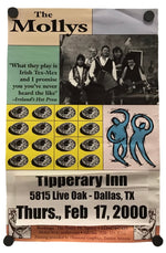 A vintage-style poster print for The Mollys, featuring a black-and-white band photo, a teal quote, yellow blocks, circular black-and-white illustrations, and a blue stylized figure. Text at the bottom reads 'Tipperary Inn 5815 Live Oak - Dallas, TX Thurs, Feb 17, 2000.