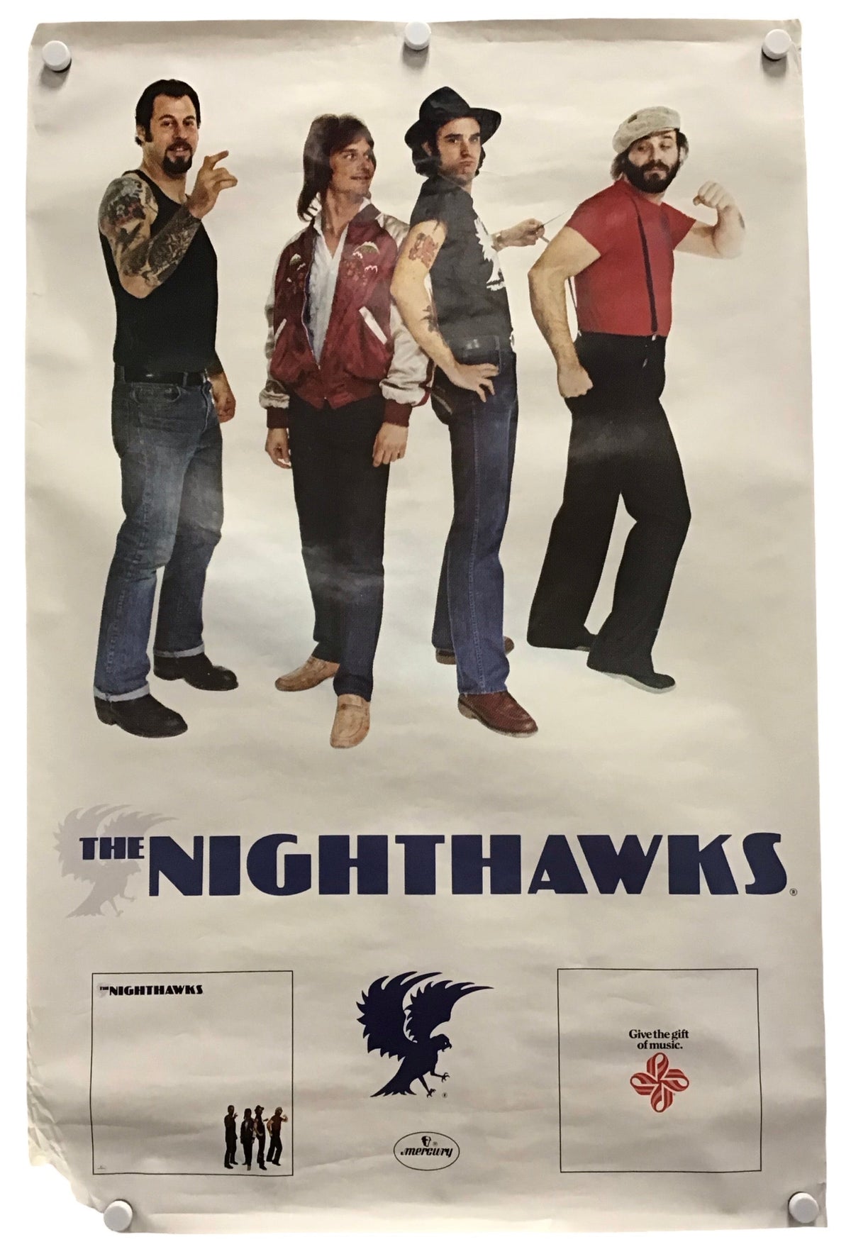 A vintage-style poster for the band The Nighthawks, featuring four men in casual and western-style clothing above the band's name, with smaller printed graphics and logos at the bottom.