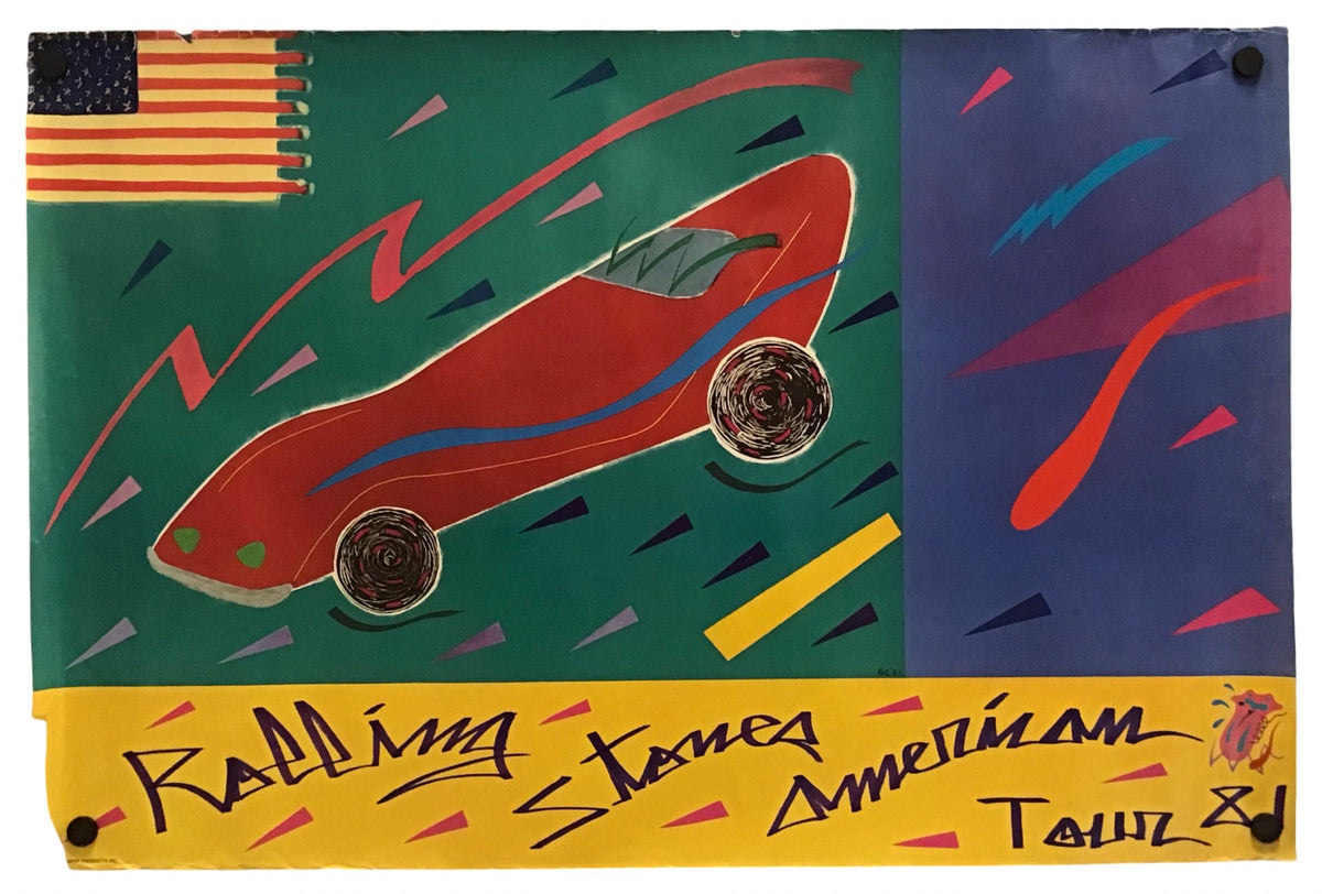 A square art print or poster featuring a stylized red racing car on a split green and blue background, with an American flag in the upper left and a yellow band at the bottom.