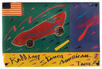 A square art print or poster featuring a stylized red racing car on a split green and blue background, with an American flag in the upper left and a yellow band at the bottom.