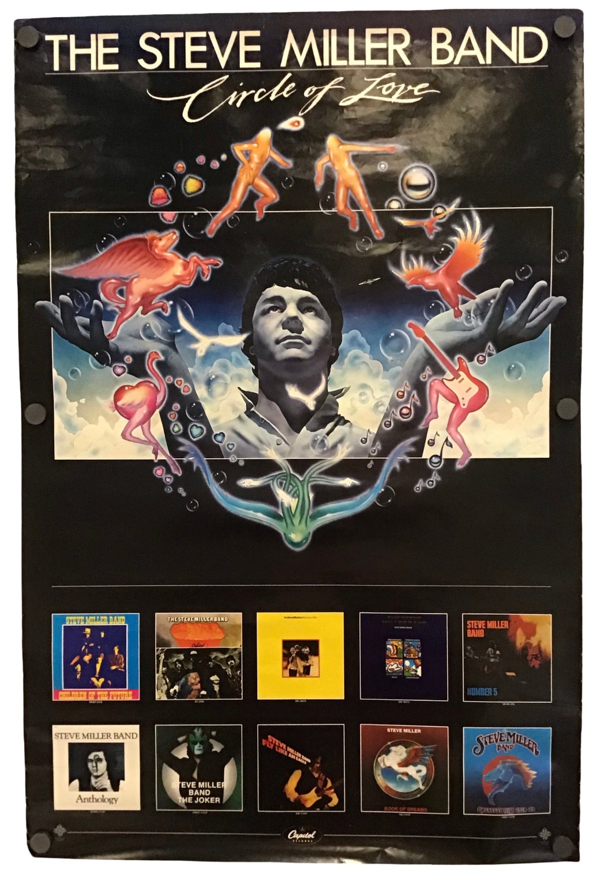 A vintage-style poster for 'The Steve Miller Band - Circle of Love' featuring a black background with a central illustrated portrait and colorful abstract figures, plus a row of small album-cover thumbnails along the bottom. The poster is photographed against a plain white background.