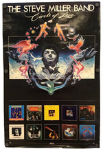 A vintage-style poster for 'The Steve Miller Band - Circle of Love' featuring a black background with a central illustrated portrait and colorful abstract figures, plus a row of small album-cover thumbnails along the bottom. The poster is photographed against a plain white background.