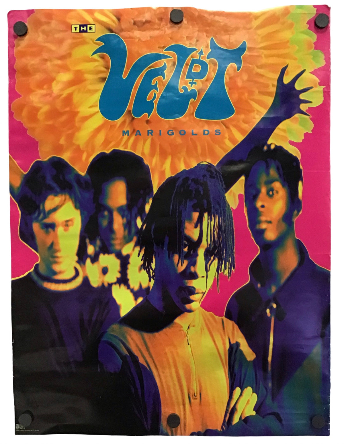 A vintage-style band poster for 'The Veldt' featuring the members in a psychedelic tie-dye design with a large blue 'Veldt' logo and the word 'WARRIGOLDS' underneath, displayed against a plain white background.