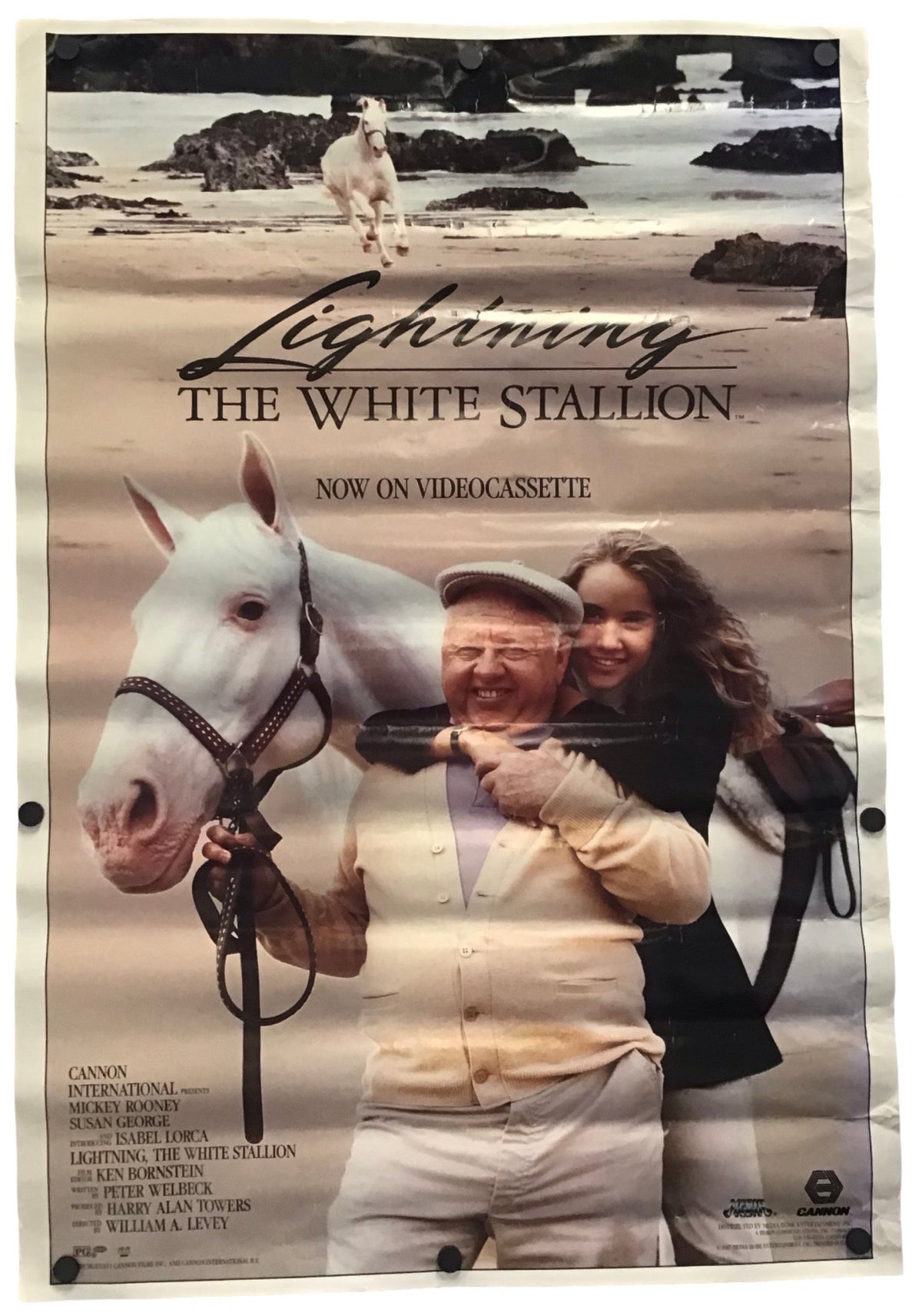 A vintage movie poster for the film 'Lightning: The White Stallion' displayed flat against a white background. The poster features a white horse, a man, and a woman, with the title text in black script and serif fonts.