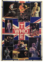 A vintage-style poster or wall hanging featuring a collage of multiple concert photos arranged around a large red, white, and blue Union Jack design with the text 'THE WHO' in the center. The poster is photographed hanging against a plain white background.