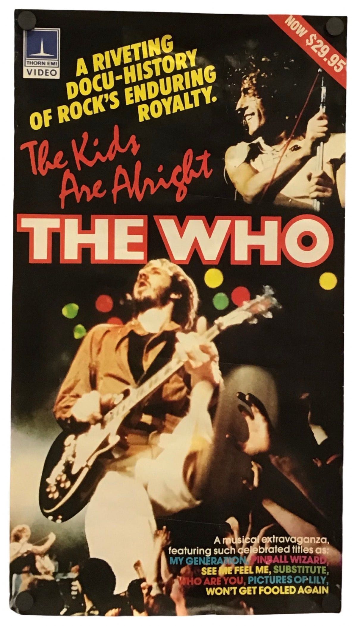 Promo poster of the film about The Who. The cover features black, red, yellow, and white graphics with photos of band members performing live.