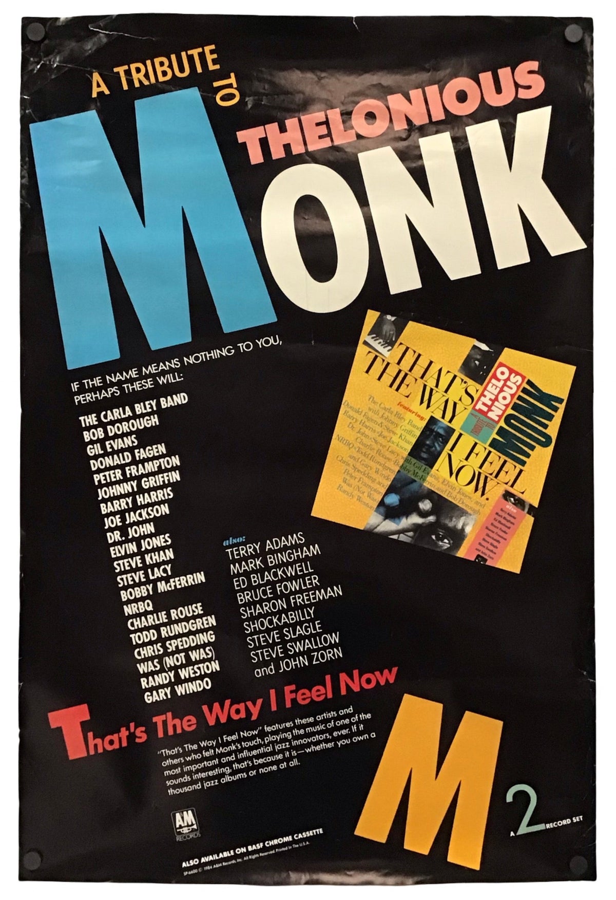 A vintage-style concert poster for 'A Tribute to the Thelonious Monk' hangs against a plain white background. The poster is predominantly black with large blue, white, orange, and yellow typography, plus a small inset album cover graphic.