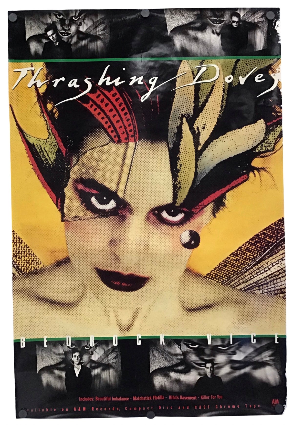 A square art print or poster featuring a stylized portrait of a woman with dramatic black, red, beige, and yellow graphic elements, the word 'Thrashing' in white script across the top, and black-and-white cropped figure panels along the top and bottom.